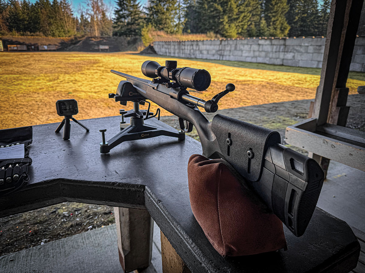 Savage Axis 25-06 Remington at the 100-yard range testing ammunition using a Garmin Xero C1 Pro Chronograph.